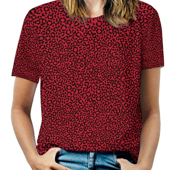Red Leopard Print Pattern Womens Tops Women's Fashion Casual Short Sleeve Flower Print Round Neck Pullover Top Blouse