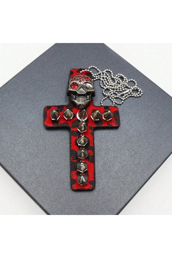 Red Leopard Print Skull Cross Pendant Necklace With Rhinestones And Studs