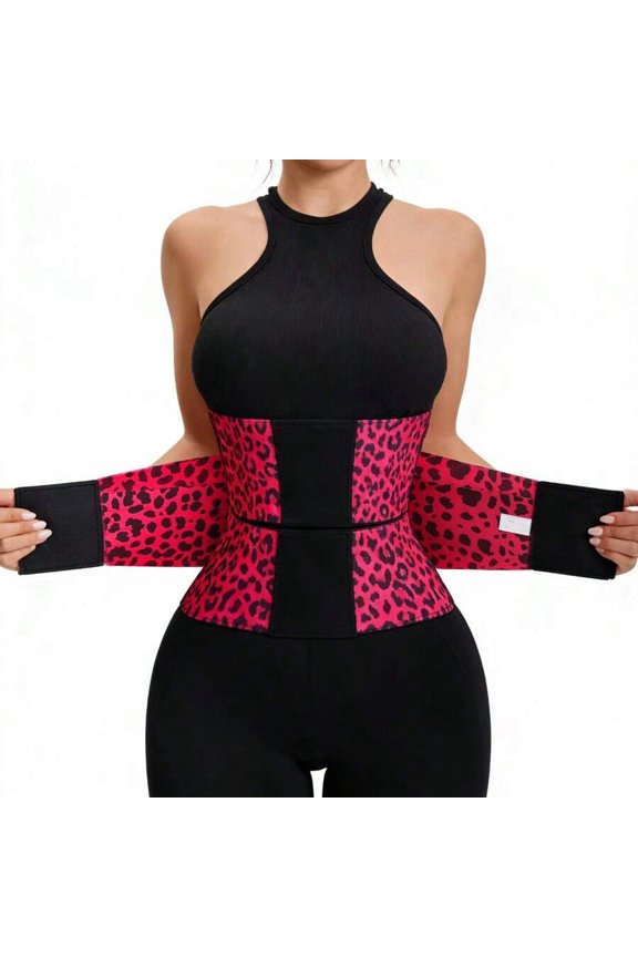 Red Leopard Print Waist Trainer Cincher Belt With Hook & Loop Closure