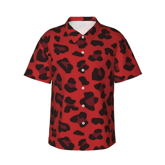 Red Leopard Seamless Hawaiian Shirts For Men, Summer Short-Sleeve Relaxed-Fit Button-Down Shirts X-Large