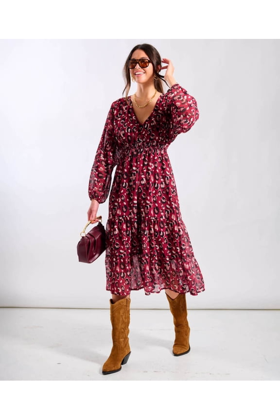 Red Leopard Tiered Chiffon Midi Dress
