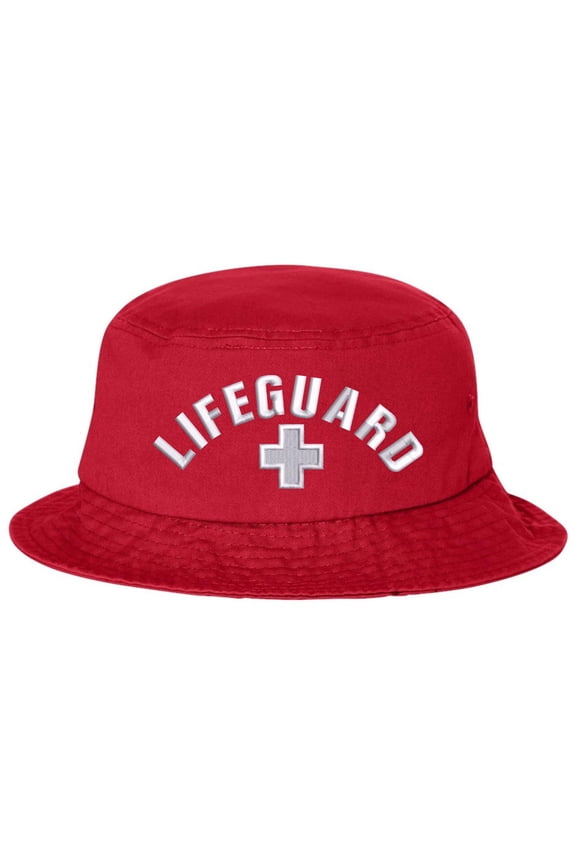 Red Lifeguard + Bucket Hat - Unisex Sun Protection Embroidered Logo Uniform Safety Cap for Men & Women