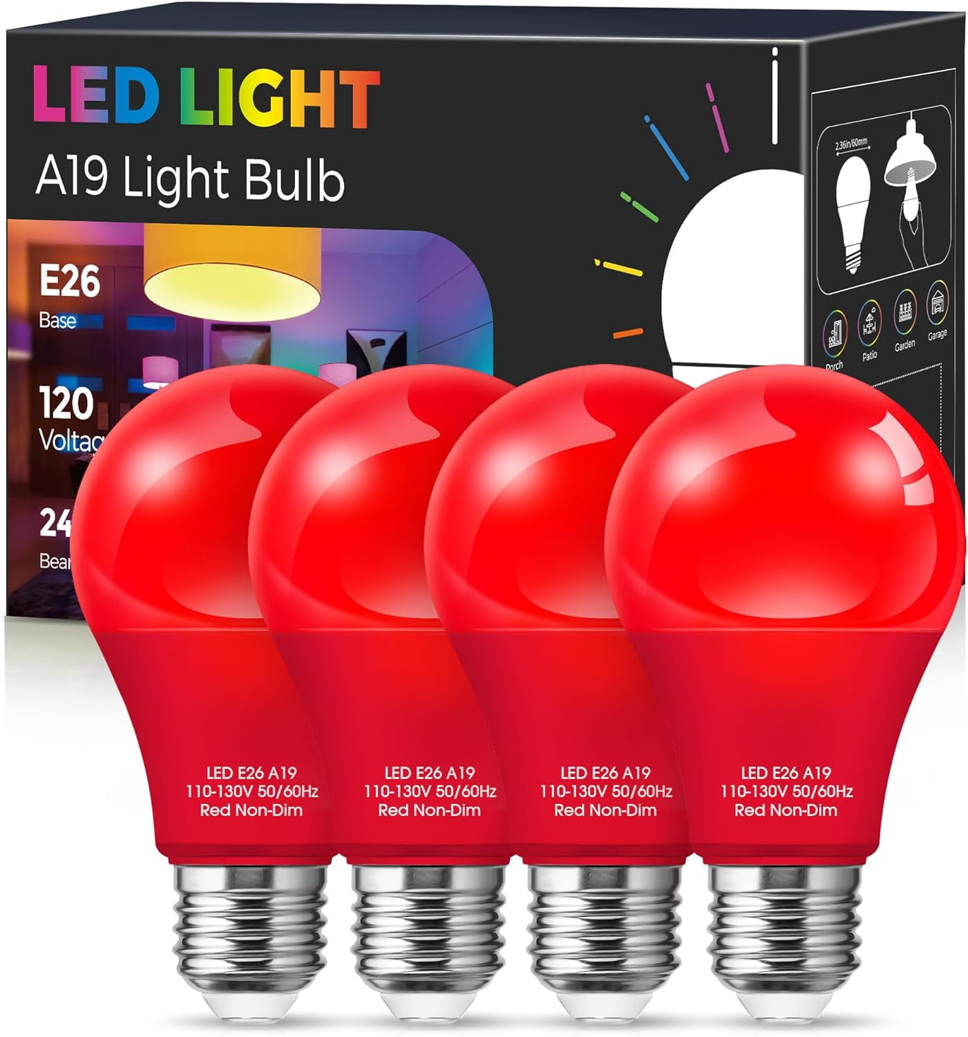 Red Light Bulbs [ 4 Pack] Christmas Light Bulbs 9W (60W Equivalent) A19 LED Red Light Bulb Indoor/Outdoor, E26 Base Non-Dimmable,720LM Porch Light for Christmas Day Decorations
