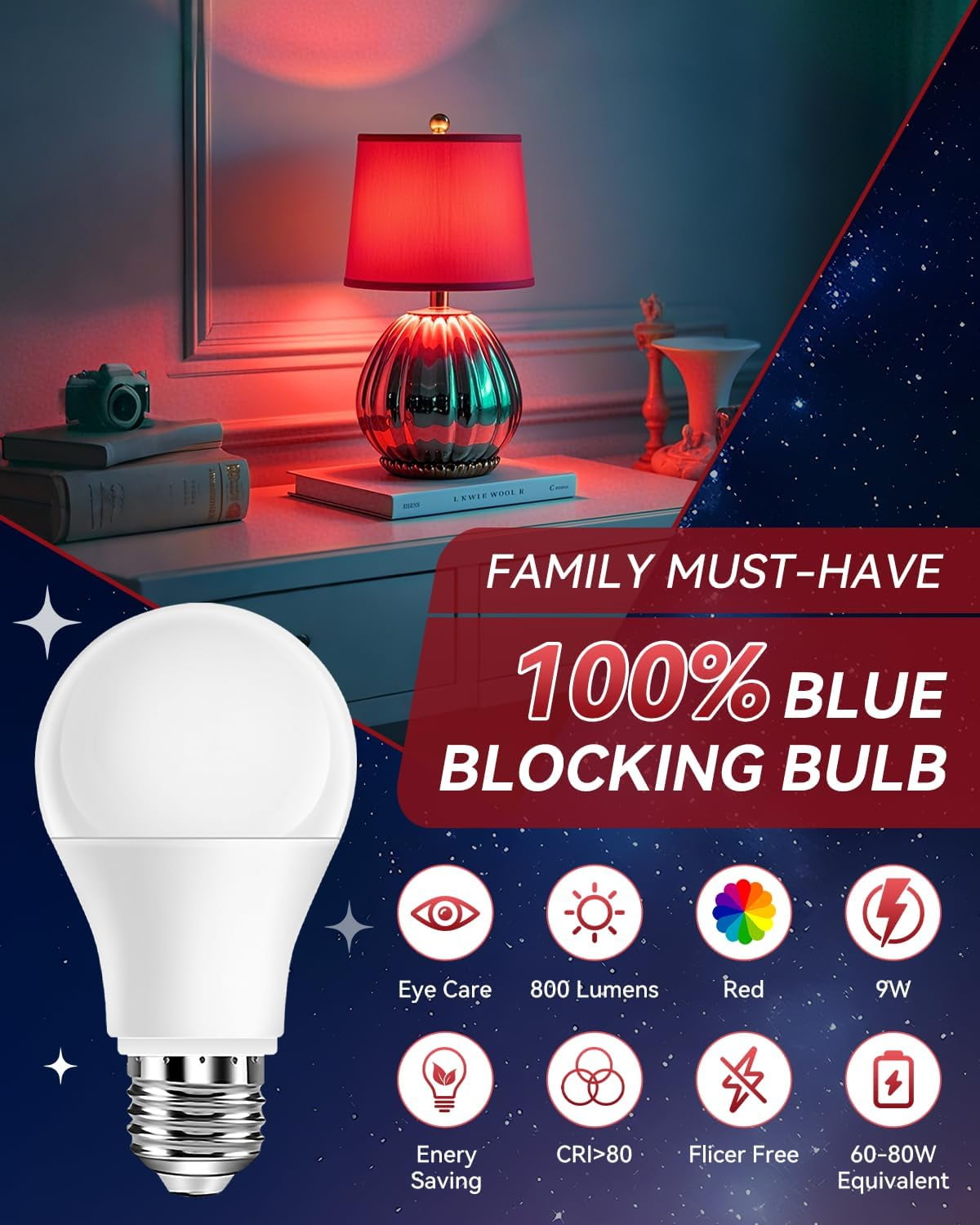 TRHOO-Red Light Bulbs for Sleep 9W, 100% Blue Light Blocking Red Night ...
