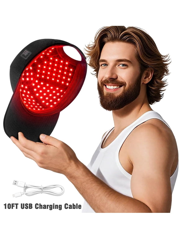 Red Light Cap, Red Light Hat for Head, 630Nm 850Nm 940Nm Infrared Light Cap Adjustable Size, Hair Care, 10FT USB Charging Cable