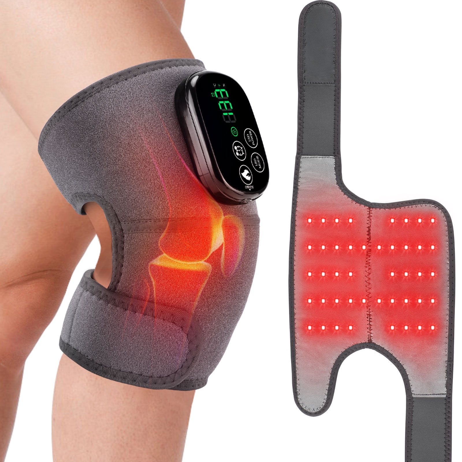Red Light Knee Brace with Heated, Cordless 5000mAh Heated Knee Shoulder Massager, 660nm&850nm, Rechargeable Light Belt Shoulder Support Brace Wrap for Relieve Discomfort and Stiffness, Gray