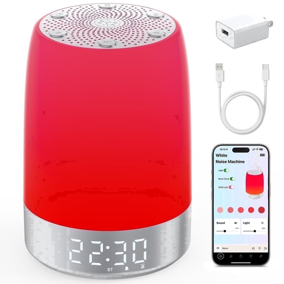 Smart Red Light Therapy Lamp, White Noise Sound Machine, Alarm Clock for Bedroom, App Control, 5-Level 620-690nm Therapy, 2600mAh Battery, Large