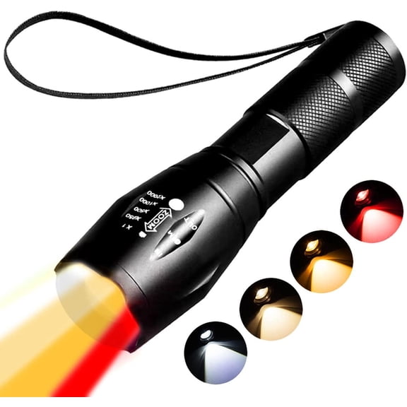 Red Light Tactical Flashlight, 4 in 1 White, Yellow, Amber, Red Light, Rechargeable, 1800K Warm Light for Eye Care, Hunting, Hiking, Wildlife Observation