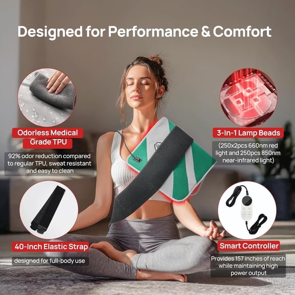 Red Light Therapy for Body, 24" x 12" Large Size (250 LEDs) Near Infrared Red Light Therapy Mat, 660nm&850nm, Adjustable Timer and Power Levels, Sweat-Resistant & Easy-Clean for Pain Relief