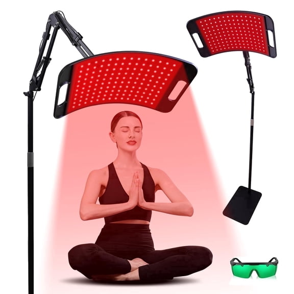 Red Light Therapy Panel for Body and Face, 660nm 850nm LEDs, 18W Curved Lamp with Adjustable Stand and Goggles