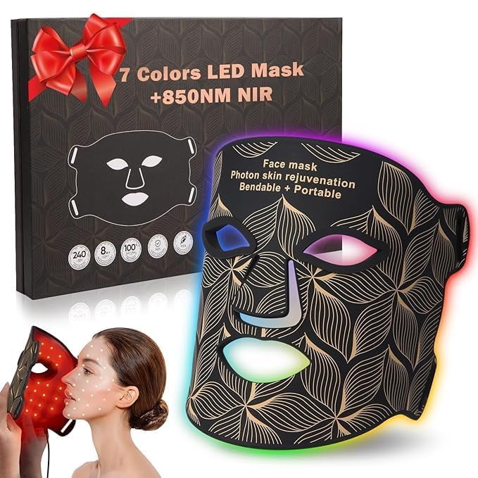 Red Light Therapy for Face,7 Modes LED Face Mask Light Therapy 850nm Wavelength Penetrates Deeply Into the Skin,With a Remote control Handle,Eye Mask,Timing Function for Skin Care at Home,Travel