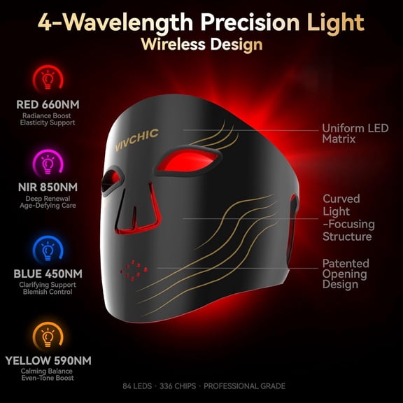 Red Light Therapy for Face 4 Wavelengths Red Light Mask(660nm Red, 850nm NIR, Blue, Yellow), 84 LEDs, Wireless 2000mAh Charging, Multiple Light Modes Anti-Aging & Brightening(Black)