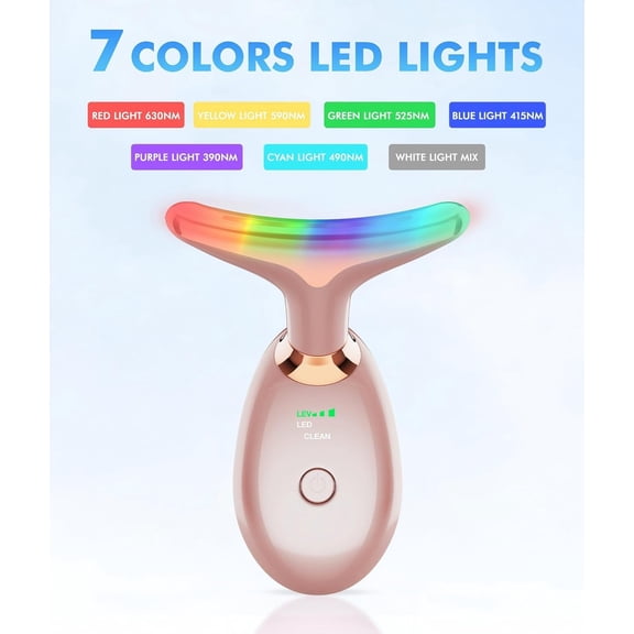 Red Light Therapy for Face and Neck, 7 Color Face Massager Tool for Wrinkles, Double Chin, Vibrating Facial Massager with Thermals for Skin Care, Rose Gold