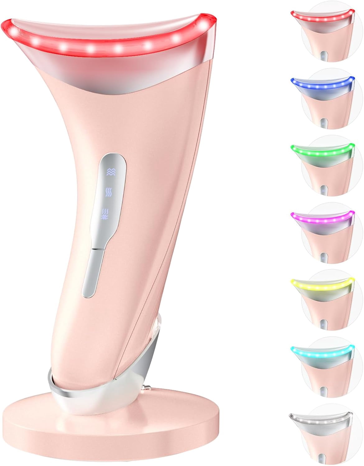 Red Light Therapy Facial Massager, 7 Color Adjustable Vibration and Heat for Wrinkles and Double Chin, Portable Skin Care Tool with Charging Base