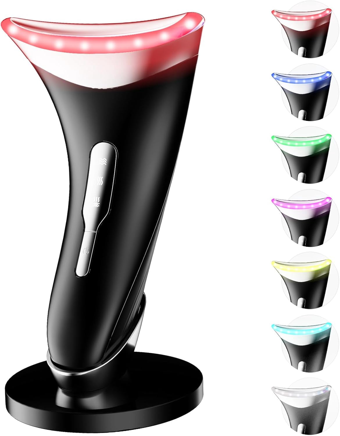 Red Light Therapy Facial Massager, 7 Color Adjustable Vibration and Heat for Wrinkles and Double Chin, Portable Skin Care Tool with Charging Base