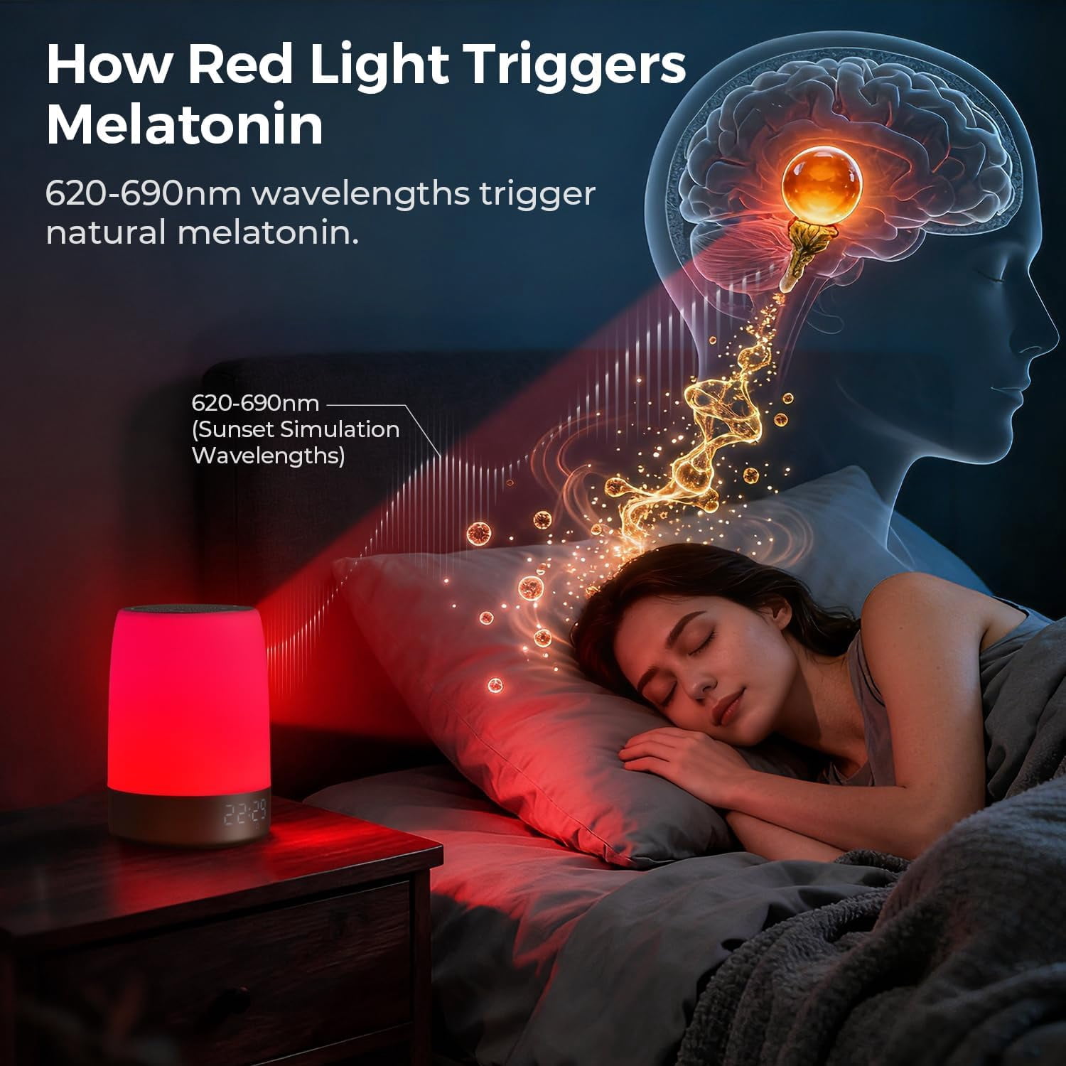 Red Light Therapy Lamp & Sleep Sound  with Alarm Clock, 32 White Noises, App Control, 5-Level Red Light (620-690nm), 2600mAh Battery for Bedroom