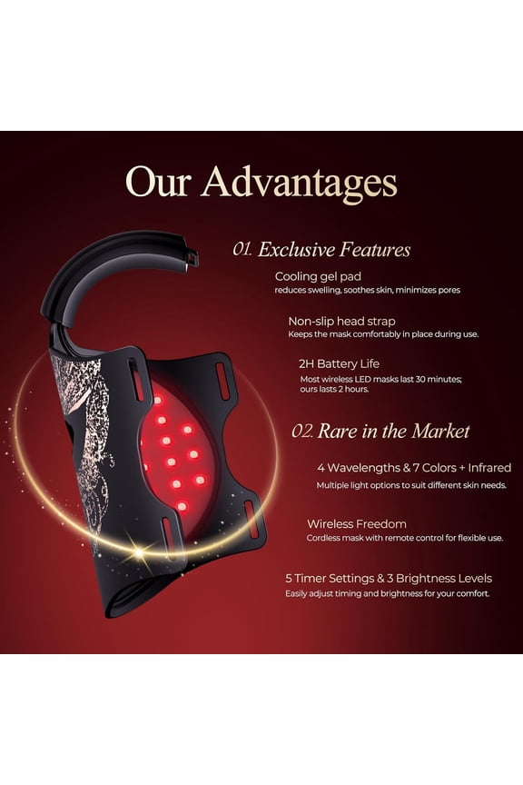 Red Light Therapy Mask for Face,Infrared Led Red Light Face Mask With Red Blue Amber4 Wavelengths & 4 LED light Modes,1.5H Battery LifeCordless Remote Modes,Brightness,Timing