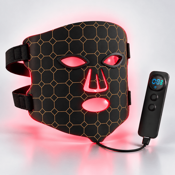 Red Light Therapy Mask with Vibration - 55 High-Intensity LEDs Soft Silicone Built-In Eye Shield