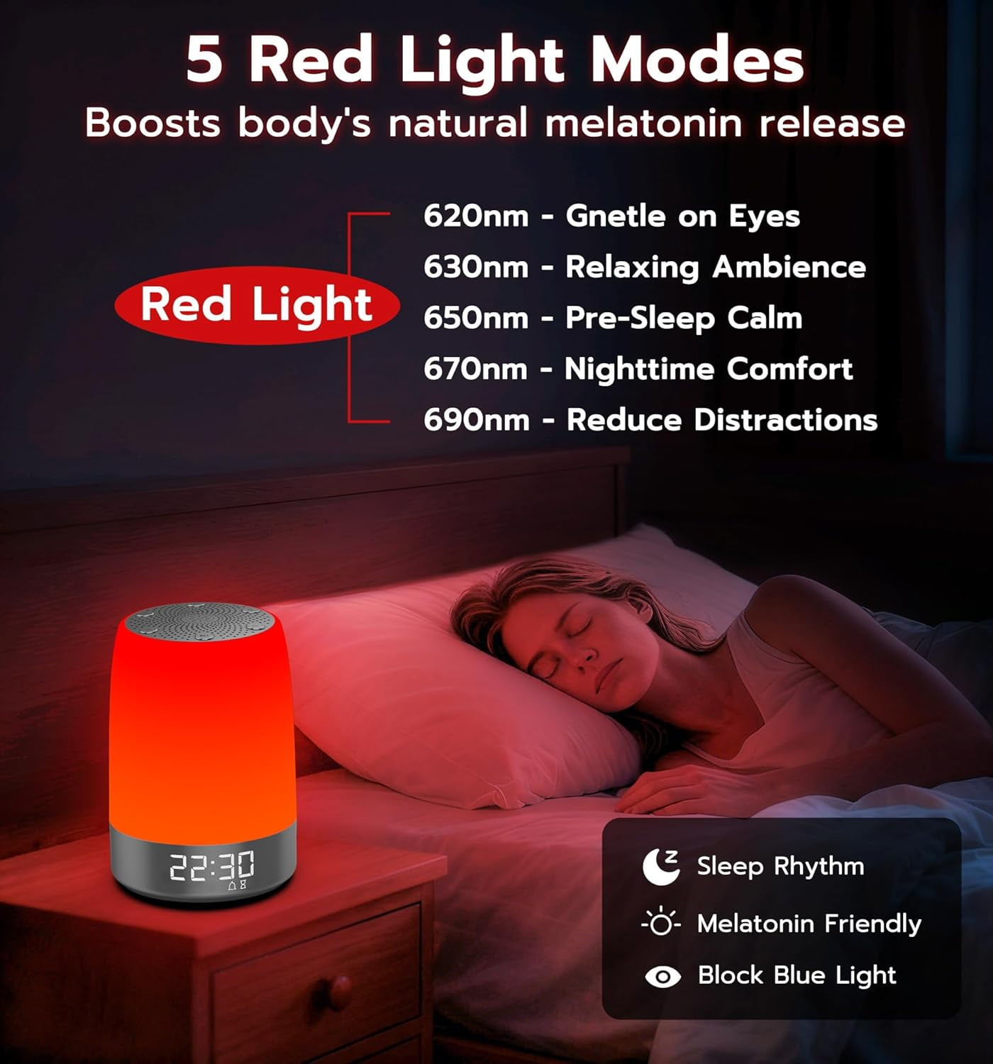 Red Light Therapy Sleep Device with White Noise Sound  and Alarm Clock