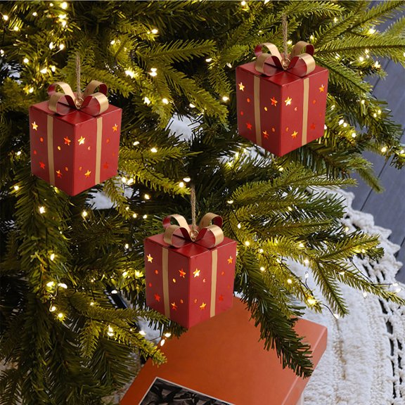 Red Light-Up Iron Star Gift Box Ornament, Christmas Hanging Decor, LED-Embedded Metal Pendant for Xmas Tree, Wreaths, Mantle, Festive Holiday Glow