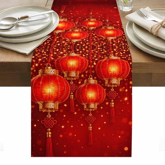 Red Lights Table Runner 13x36 Inch Happy New Year Golden Sparkle Asian Eclectic Cotton Linen Dining Table Runner Ideal for Dresser Kitchen Coffee Tables - Machine Washable