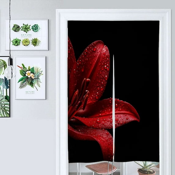 Red Lily Dark Background Water Drops Door Curtain Nordic Living Room DoorCurtain Porch Partition Curtain Kitchen Rative Half Curtain