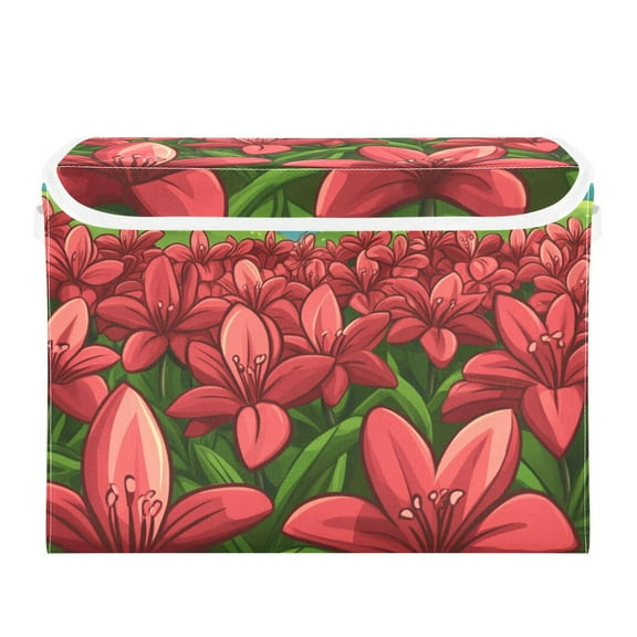 Red Lily Flower Field Large Storage Bins with Linen Collapsible Lid Storage Box 16.7 x 12.6 x 11.8in