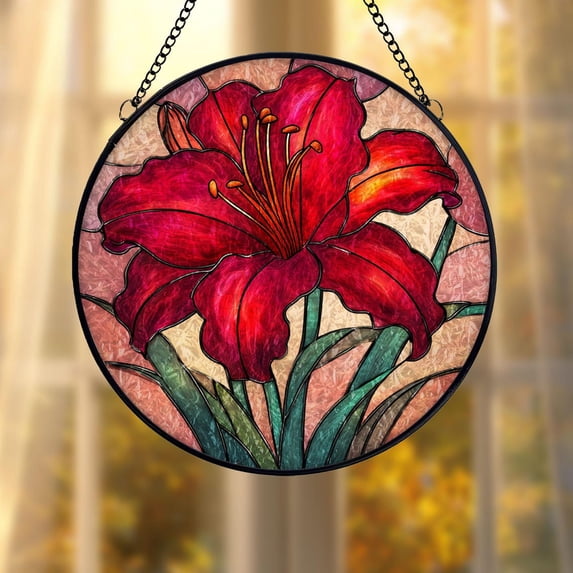 Red Lily Glass Suncatcher, Floral Window Hanging Decor, Elegant Botanical Art, 6.3 in