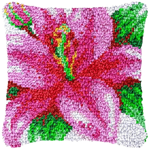 Red Lily Latch Hook Kits Pillow Cover DIY Rug Making Crochet Hook Cushion Making Kits with Preprinted Pattern Canvas DIY Needlework Crochet Kits Sofa Decor 43x43cm