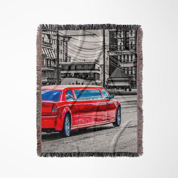 Red Limousine Car Moves Along The Street. Stylized Photo, Woven Blanket