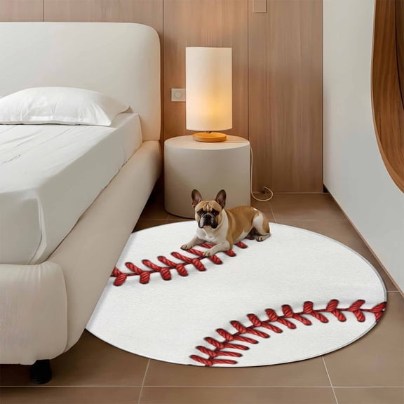 Red Line 3ft Round Rug for Bathroom Accent Bedside Corner, Abstract Rugby Stitching Simple Sport Modern Style Washable Non Slip Circle Area Rug for Small Spaces