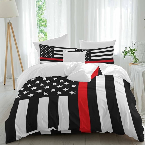 Red Line American Flag Twin Size Comforter Set, White Black Stripes Vintage Bedding for All Seasons, 4 Pcs Bed Set, 1 Quiltcover (68"x86") ,1Sheet(67"x116"), 2Pillowcases (30"x20")