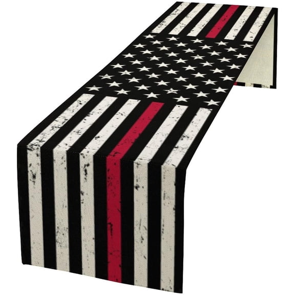 Red Line Black Table Runner July 4th Rustic American Firefighter USA Flag Seasonal Dinner Runner for Farmhouse Home Kitchen Dining Holiday Party Independence Day Decor 13x108in