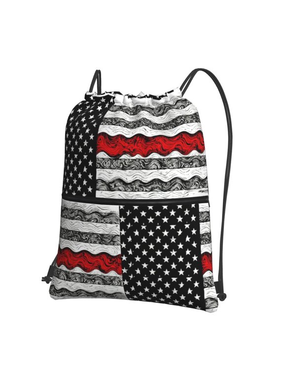 Red Line Flag Drawstring Backpack Water Resistant String Bag Sports Sackpack Gym Sack For Men Women