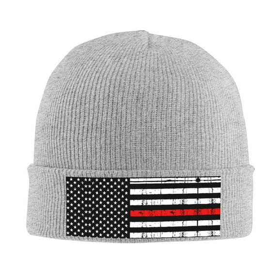 Red Line Flag Winter Beanie Hats for Men Women Warm Cozy Knitted Cuffed Skull Cap Gray