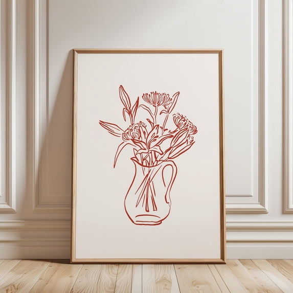 Redc Line Red Line Flower Vase Wall Art Print, Minimalist Botanical Sketch Home ...