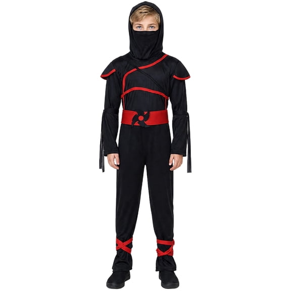 Red Line Ninja Costume Set, Red Line Hooded Ninja Costume Outfit, Full Face Mask Warrior Suit With Decorative Waist Belt for Halloween Action Cosplay, Multi Size Black Fighter Uniform, Black L