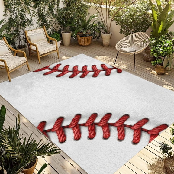 Red Line Outdoor Rug 5x7 ft Abstract Rugby Stitching Simple Sport Modern Style Non Slip Patio Rug Washable Absorbent Large Outdoor Carpet Outside Mat for Porch RV Garden Camping