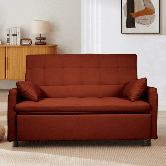 61-inch large-size living room/bedroom fabric sofa bed combination, reinforced iron frame, storage pockets on both sides, adjustable backrest.