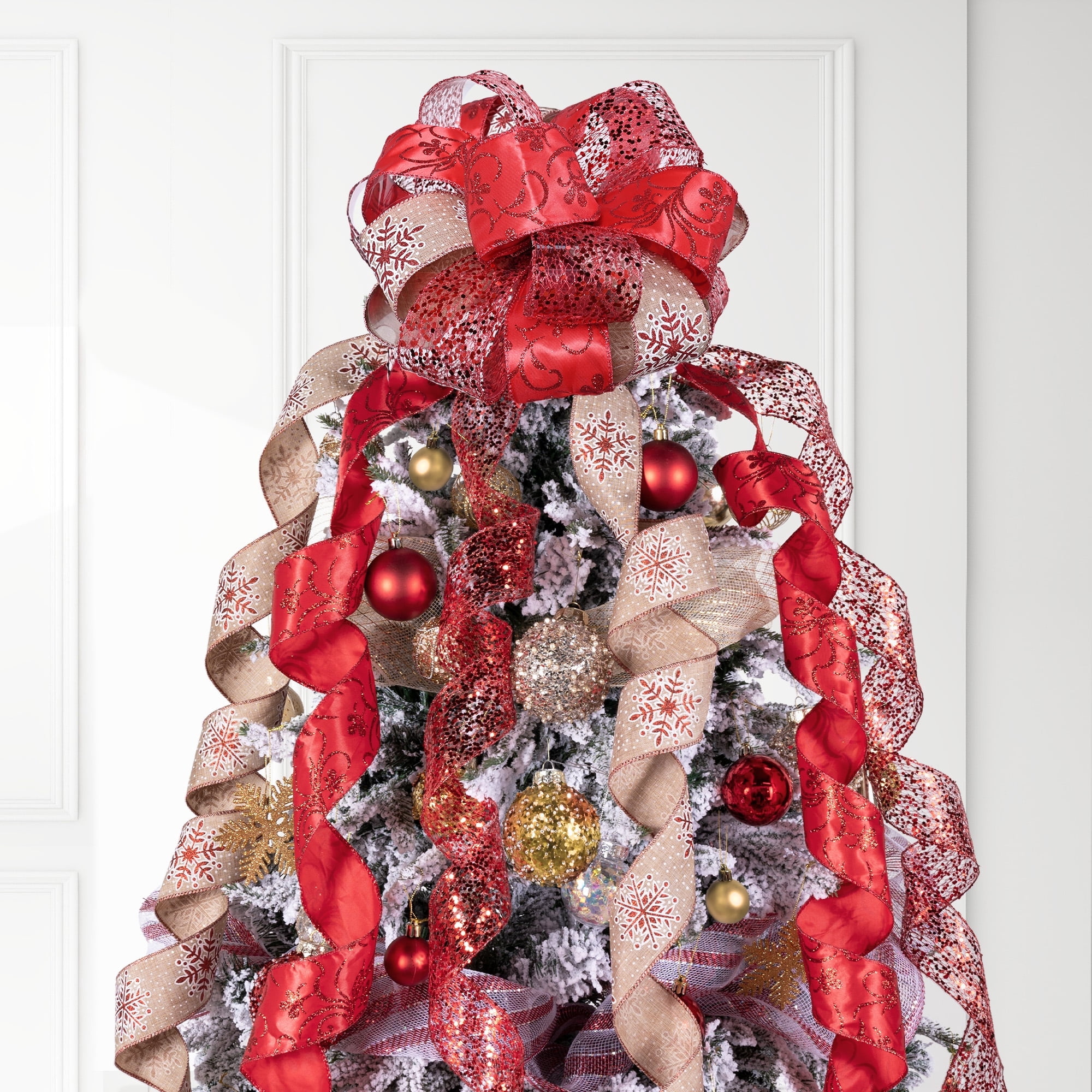 LoomJoyz 11 Inch Red Linen Glitter Christmas Tree Topper Bow - 3 Yards Streamer Tails Large Holiday Decor