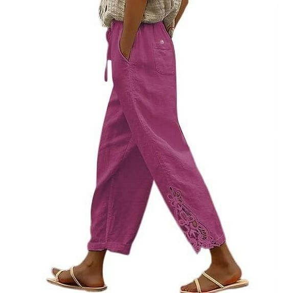 Red Linen Pants Women's Fashion Solid Color Cotton Linen Elastic Trousers Beach Casual Pants Line