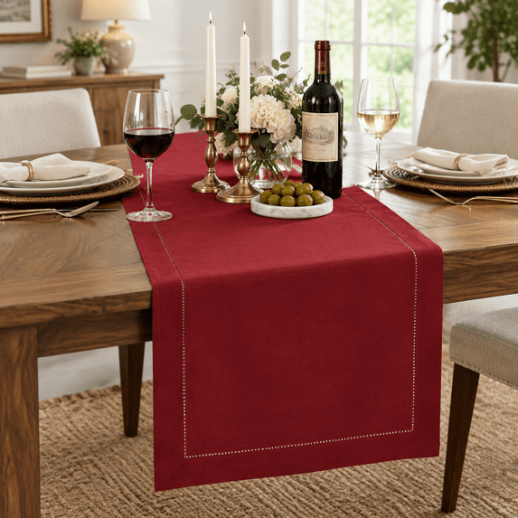 Red Linen Table Runner 14 X 108 Inch, Hemstitch Handcrafted for Dining ...