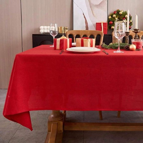 Red Linen Tablecloth For Rectangular Dining Table, Boho Textured Water Resistant Cover, 54x78 Inch