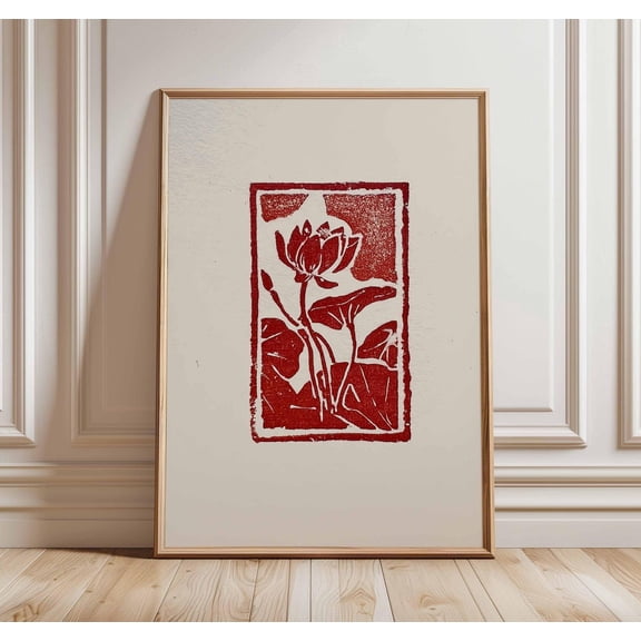 Red Linocut Flower Botanical Block Minimalist Floral Modern Rustic Unframed Paper Print