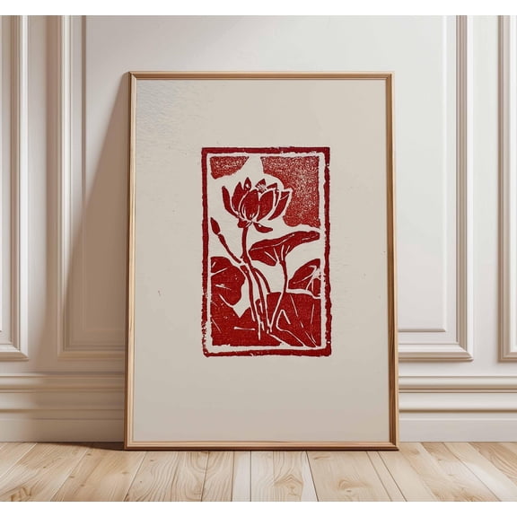 Red Linocut Flower Wall Art Print, Botanical Block Print Poster, Minimalist Floral Artwork, Modern Rustic Home Decor