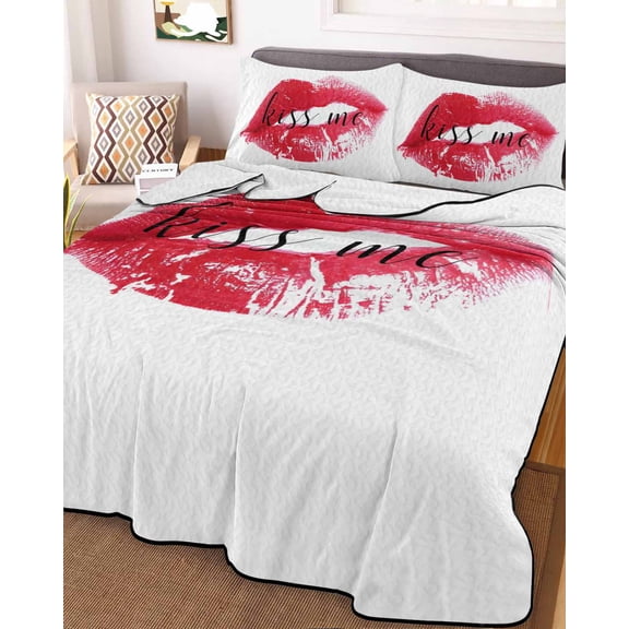 Red Lip Full Size Down Alternative Comforter, Lightweight Comforter Quilt Bedding Set with Pillow Shams Kiss Love Abstract Art All Seasons Bed Comforter Duvet Insert 78"x90"