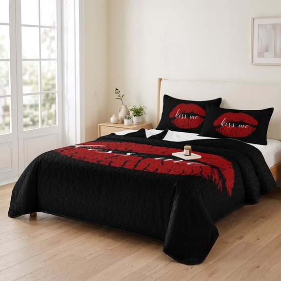 Red Lip Print Kiss Me 3 Pieces Quilt Set,1 Quilt with 2 Shams,Black Back Bedspread Soft Lightweight Bedding Coverlet Comforter Set for All Season 90"x96"