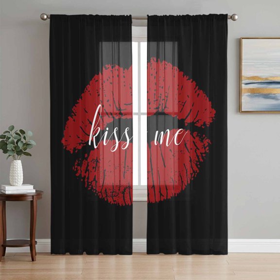 Red Lip Print Kiss Me Chiffon Sheer Curtains 108 Inches Long, Black Back 2 Rod Pocket Window Treatment Voile Drapes Curtains for Living Room Bedroom,2 Panels, 52x108In