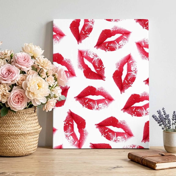 Red Lipprint Texture Canvas Wall Art Framed Wall Decor for Living Room Bedroom Bathroom, Retro Abstract Kiss Canvas Pictures Ready to Hang Decor, 8"x10"
