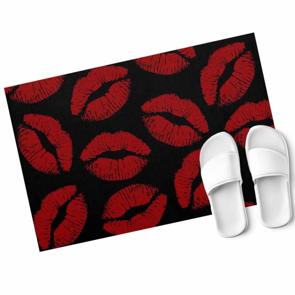 Red Lipprint Texture Door Mat Black Abstract Backdrop Non Slip Absorbent Entrance Mat Washable Low Profile Indoor Doormat for Front Door Entryway Entry 16"x24"